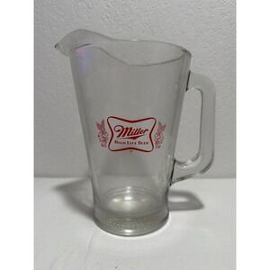 Vintage Miller High Life Beer Glass Pitcher Clear Red Logo Barware 64oz 2 Quart